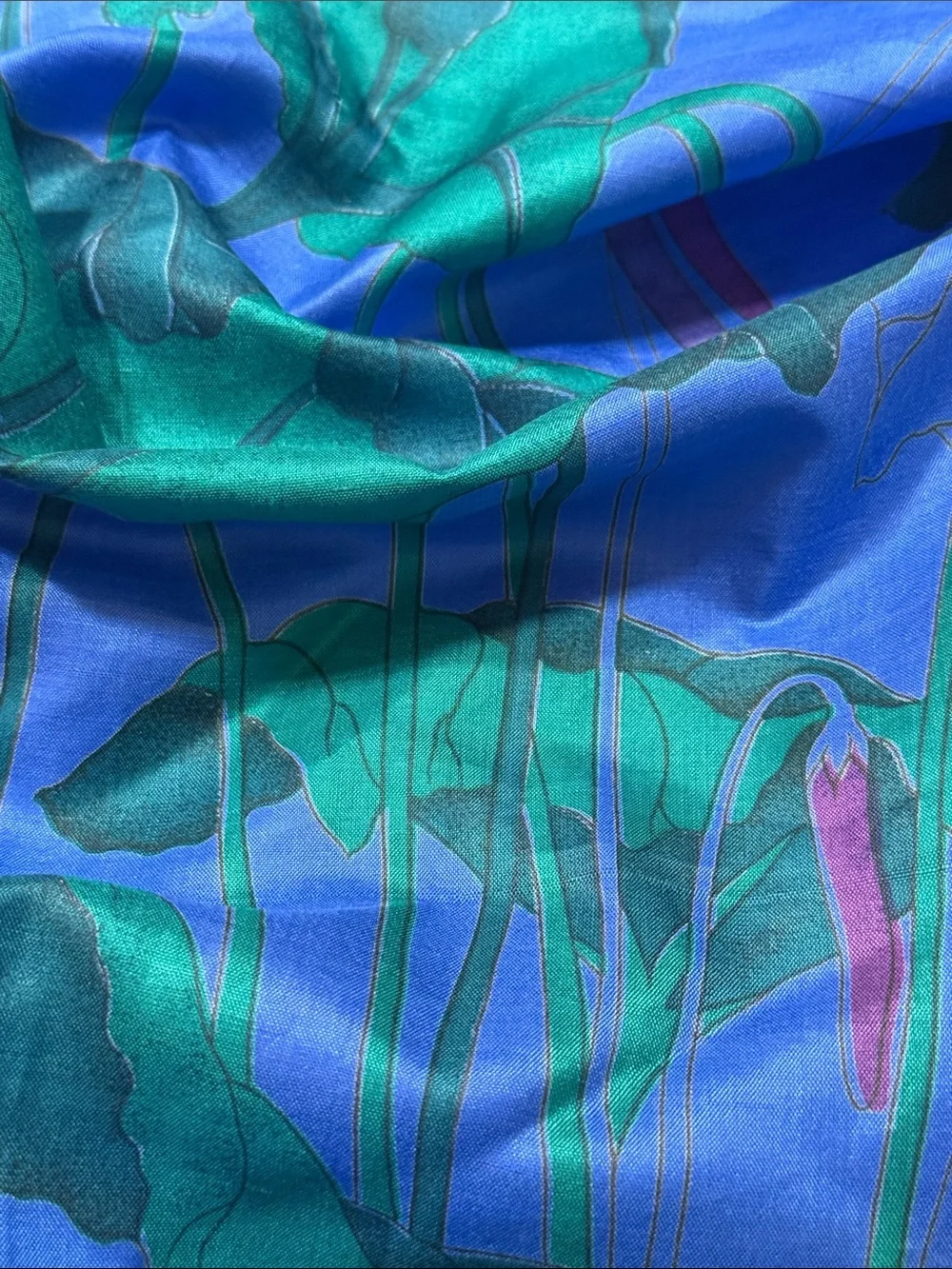 Vibrant Blue Floral Silk Scarf block printed stunning 35” by 36”